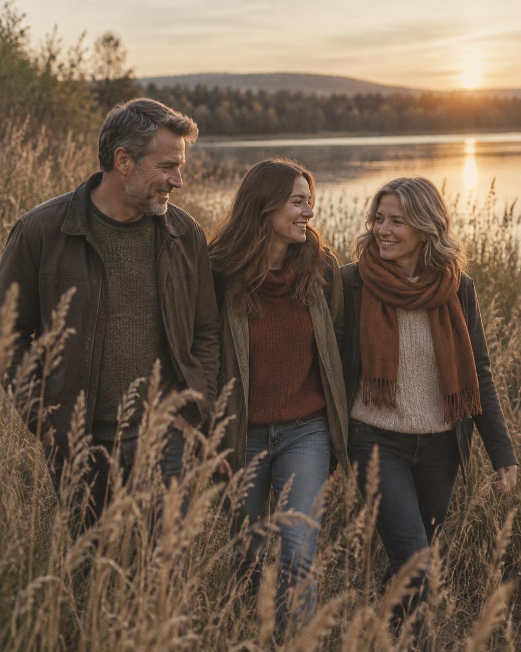 A father, mother, and adult daughter walking through tall reeds by a lake at sunset